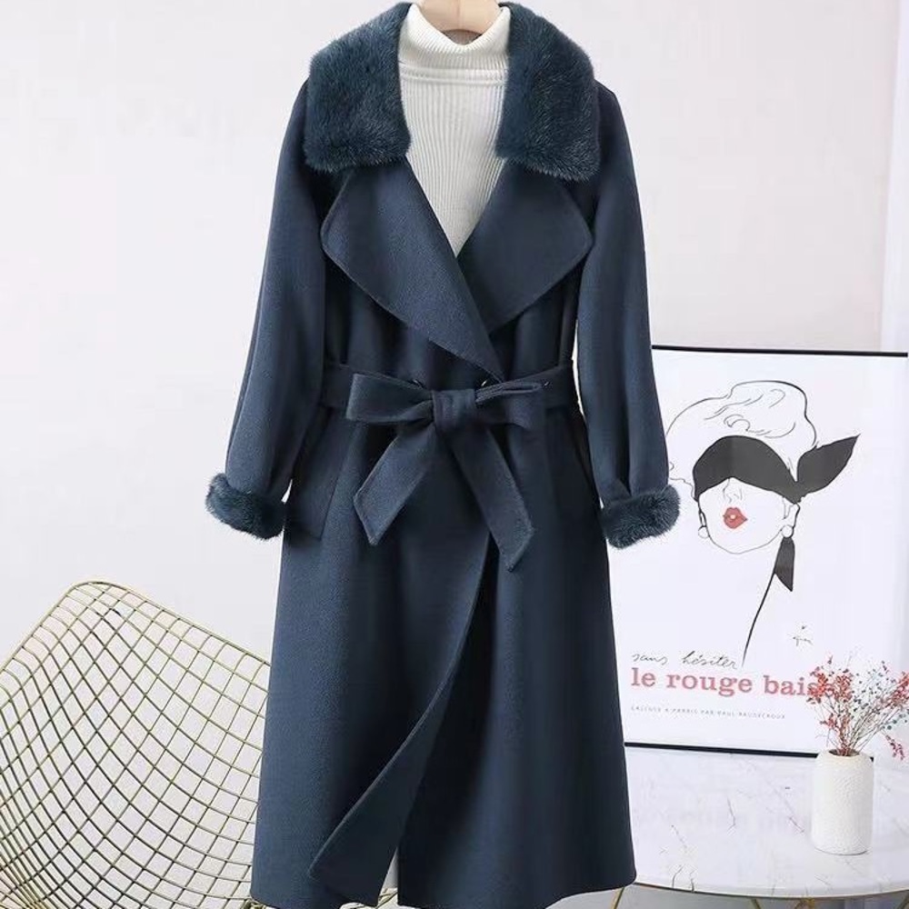 Mink fur trim wool coat
